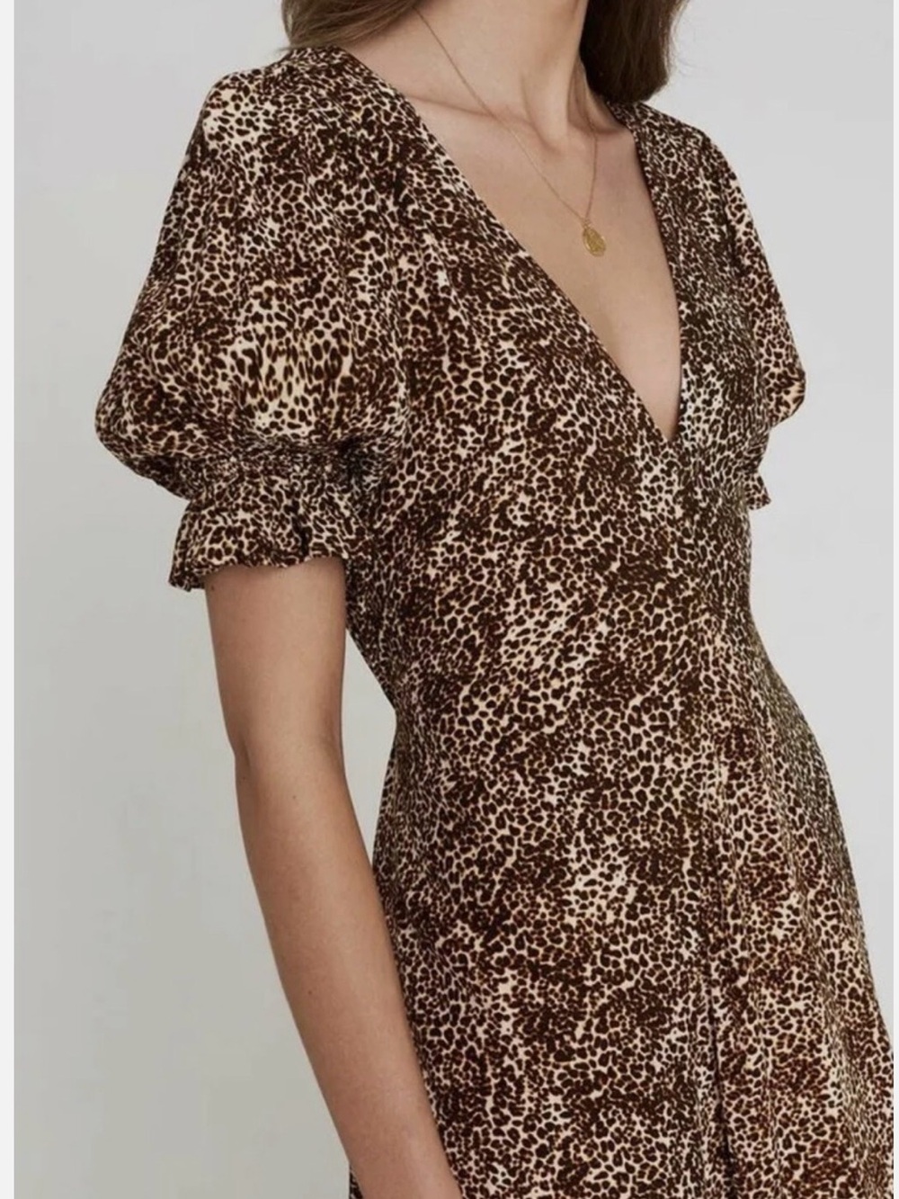Faithfull The Brand Midi Dress Womens Size 6 Medium Animal Leopard Print V-Neck